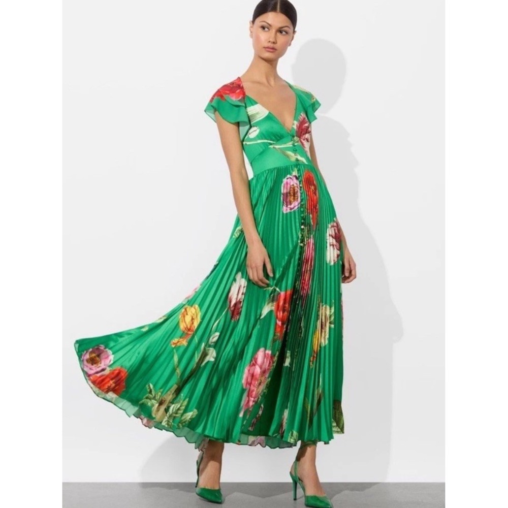 Nwt ALICE + OLIVIA HALIA PLEATED MIDI DRESS Green Floral SIZE 8